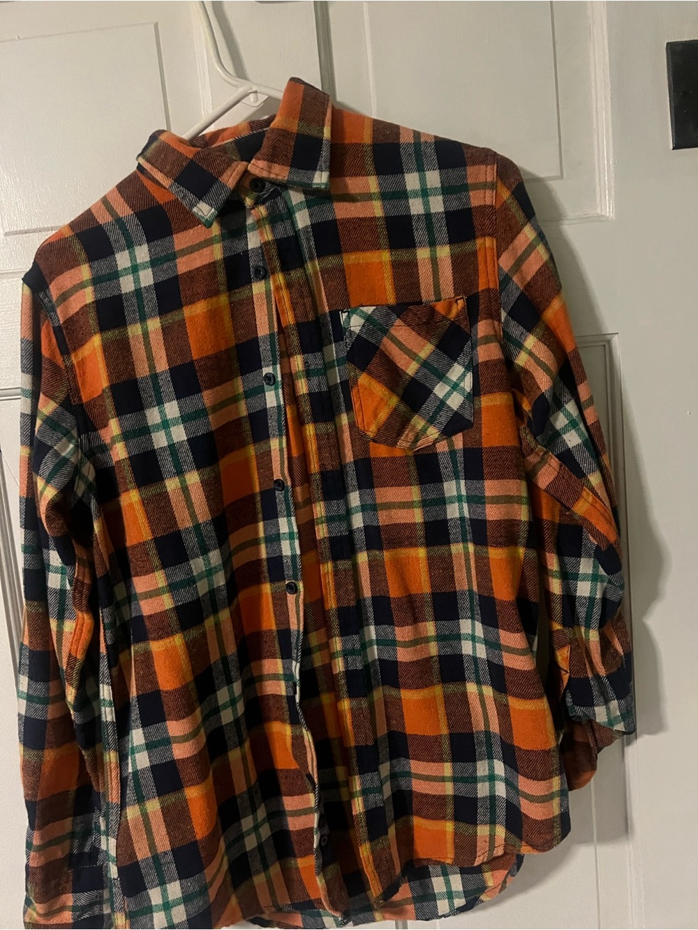 Women's Orange Plaid Button-Down Shirt - Relaxed Flannel Style
